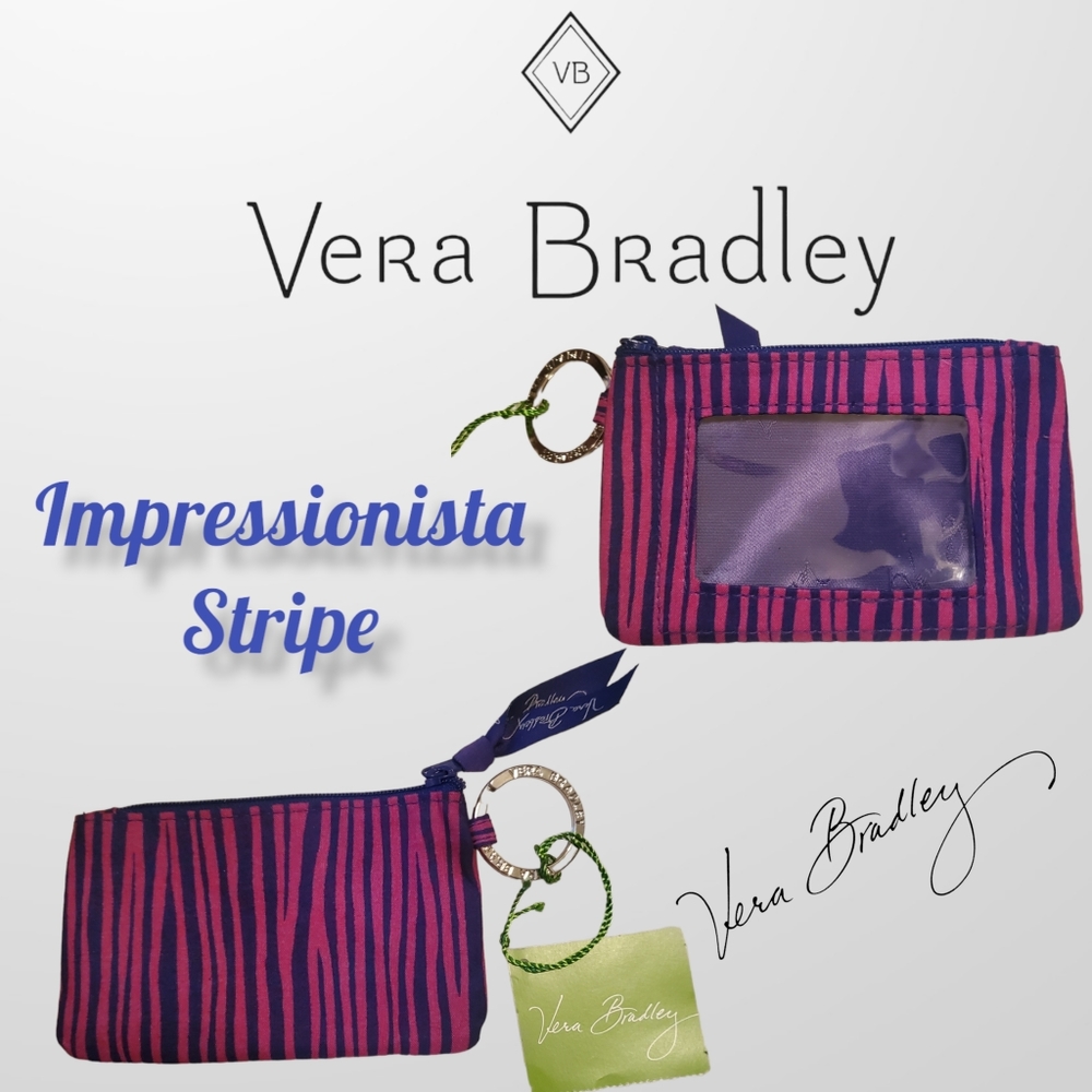 NWT Vera Bradley Zip ID Case Impressionista Stripe Key Ring Wallet Purple Zebra